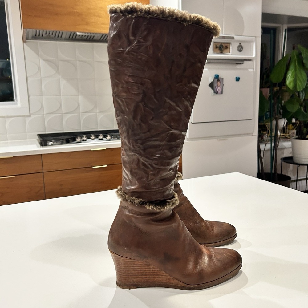 Henri Cuir Long Boots Rare Brown Leather Side Zip Fur Trim Wedge Heel Size 7 38 - Picture 2 of 13